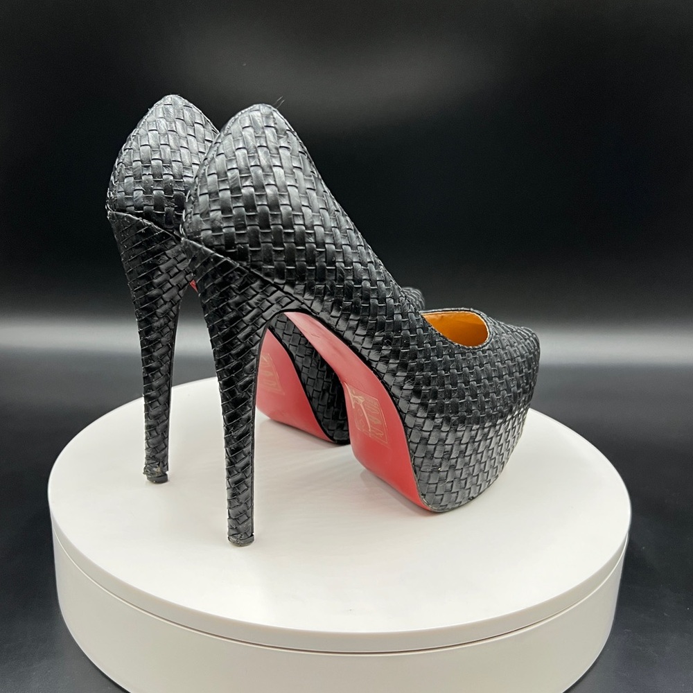 Black Weaved Platform Machi Heels with Red Bottoms - Picture 2 of 4